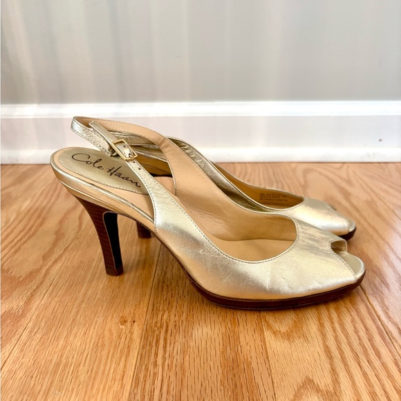 EUC Cole Haan Gold Peep Toe Slingback Heels Size 9 - Picture 1 of 8